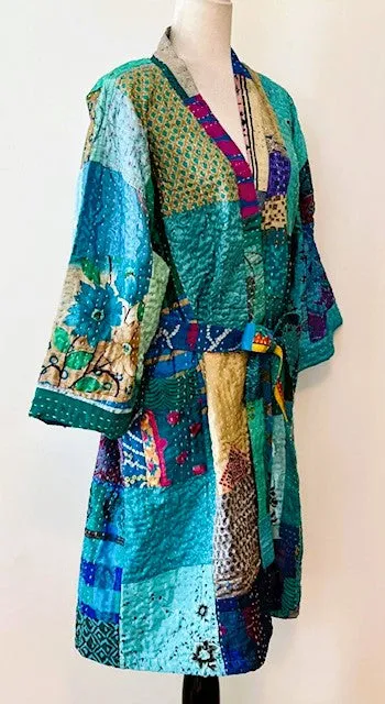 Spectacular Short Designer Patchwork Kimono. Knock Out Color. (Turquoise)