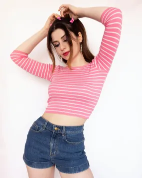 Striped Quarter Sleeve Top Pink