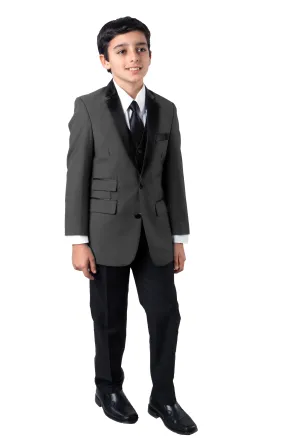 Tazzio Regular Fit Boys Satin Lapel Suit 4pc Set, Charcoal/Black