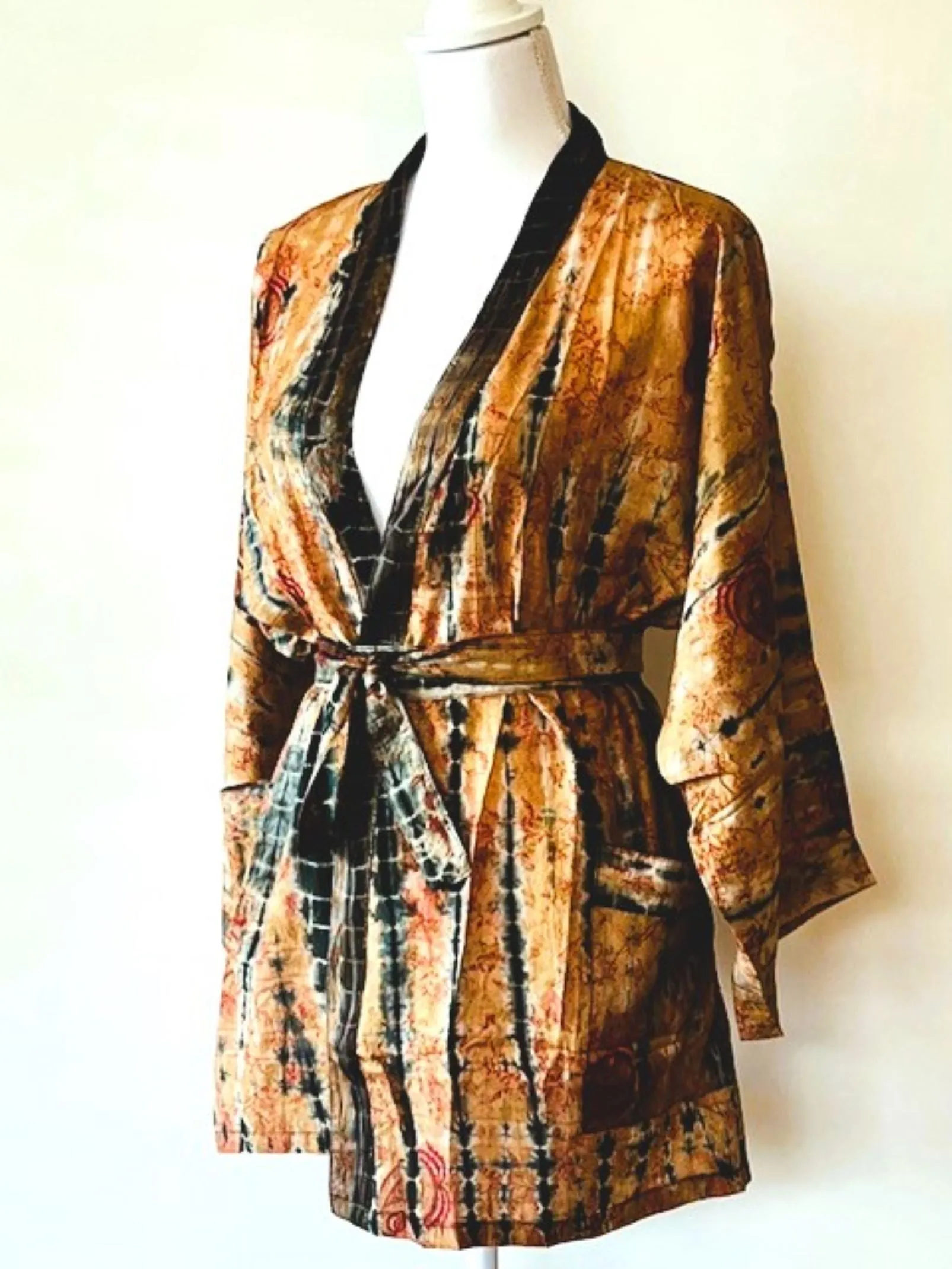 The Accessory In Demand, A Short Silk Kimono Jacket.  A Tie Dye Beauty In Bronze.