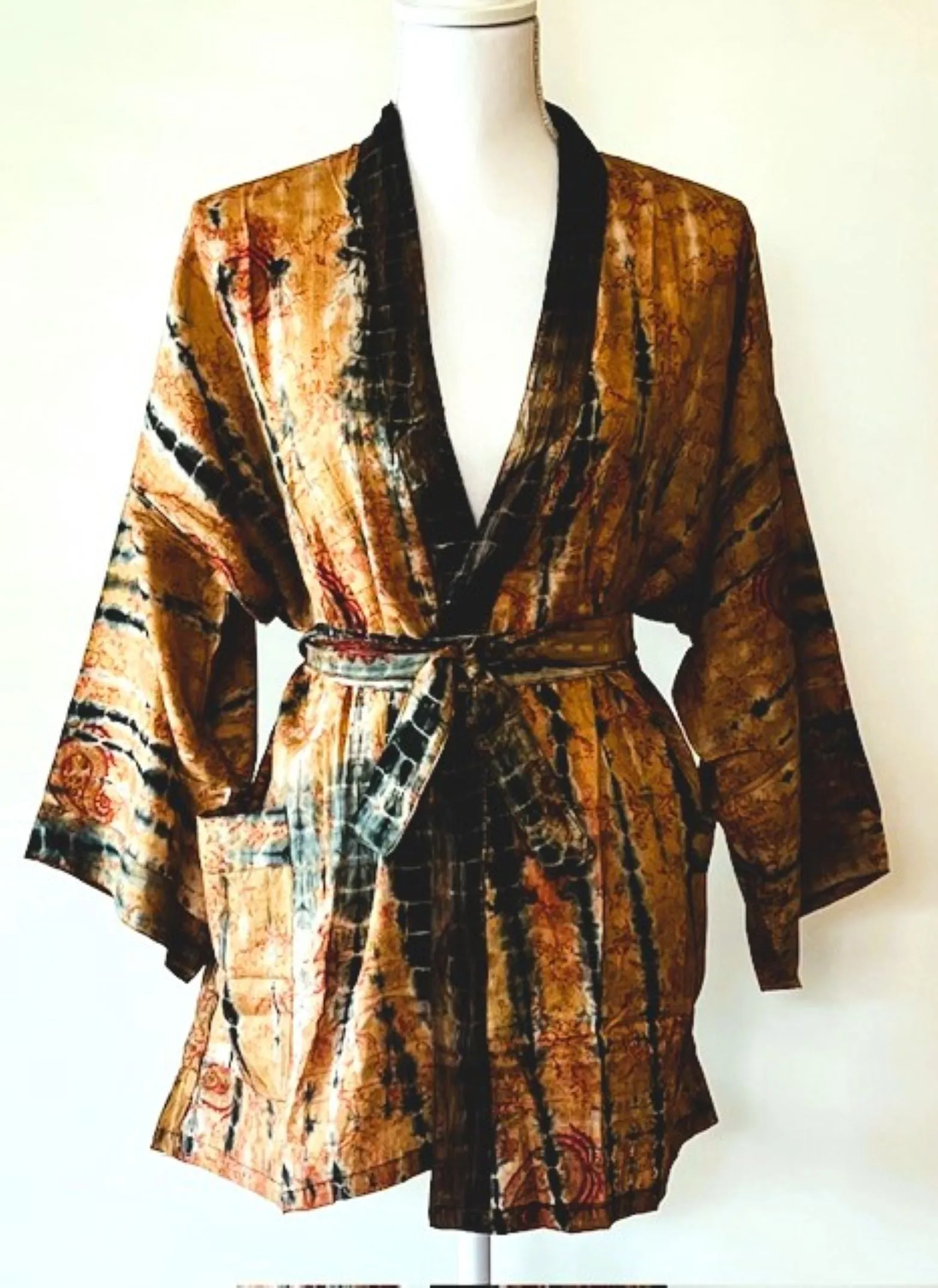 The Accessory In Demand, A Short Silk Kimono Jacket.  A Tie Dye Beauty In Bronze.