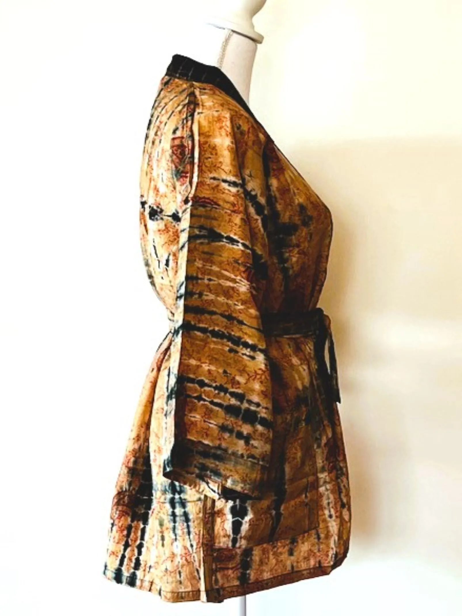 The Accessory In Demand, A Short Silk Kimono Jacket.  A Tie Dye Beauty In Bronze.