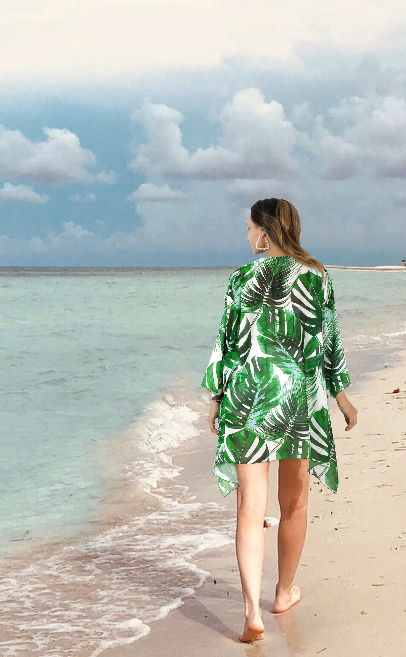 Tropical Elegance Sheer Allover Monstera Leaves and Palm Tree Leaves Printed Kimono Shrug Jacket Cover up