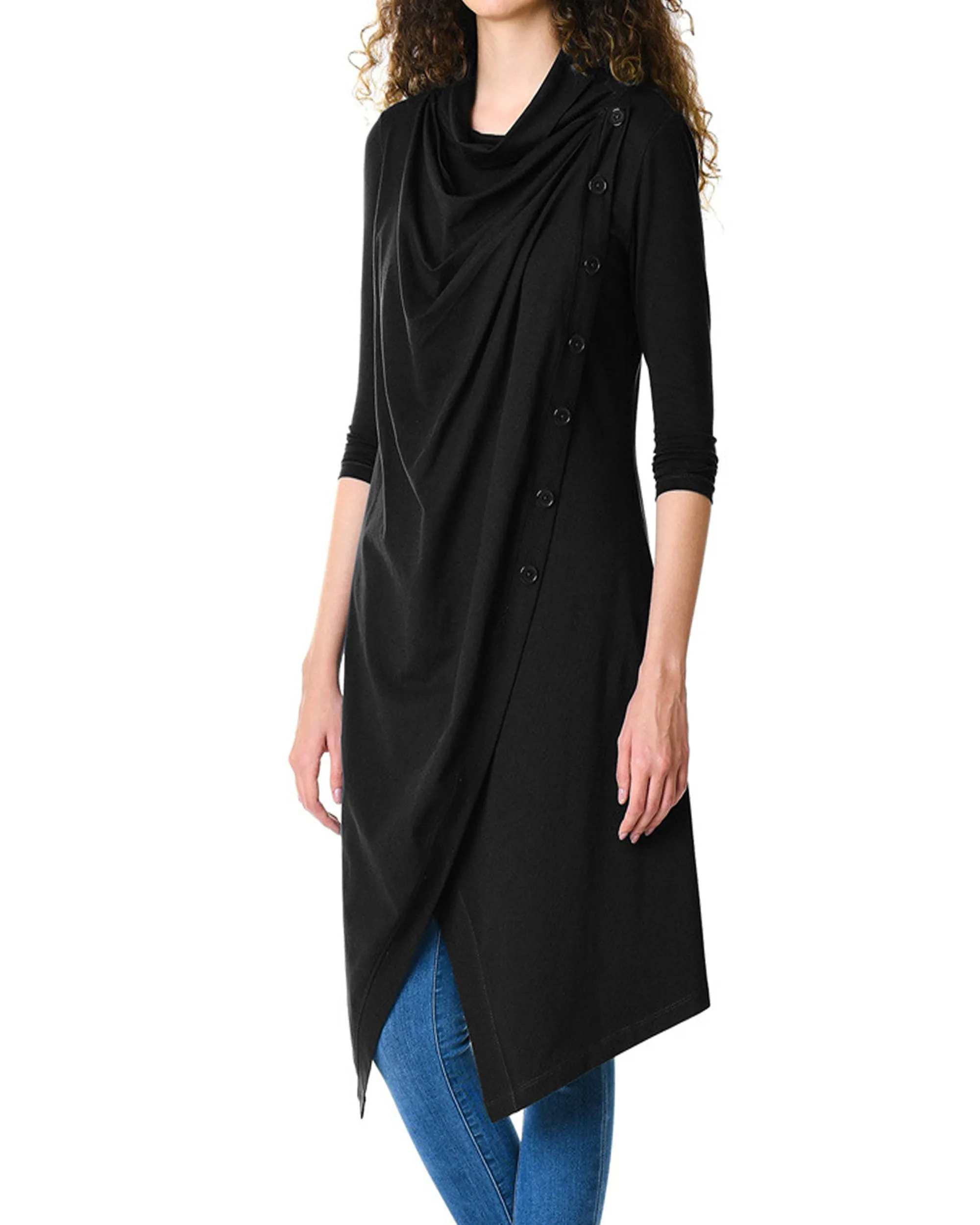 Tunic top/cotton tunic dress/asymmetrical t-shirt/long tops/cowl neck top/black tunic dress/3/4 sleeve dress Q206