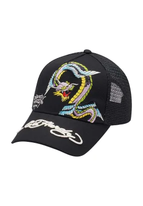 Unisex Flying Snake Twill Front Mesh Trucker - Black/Black