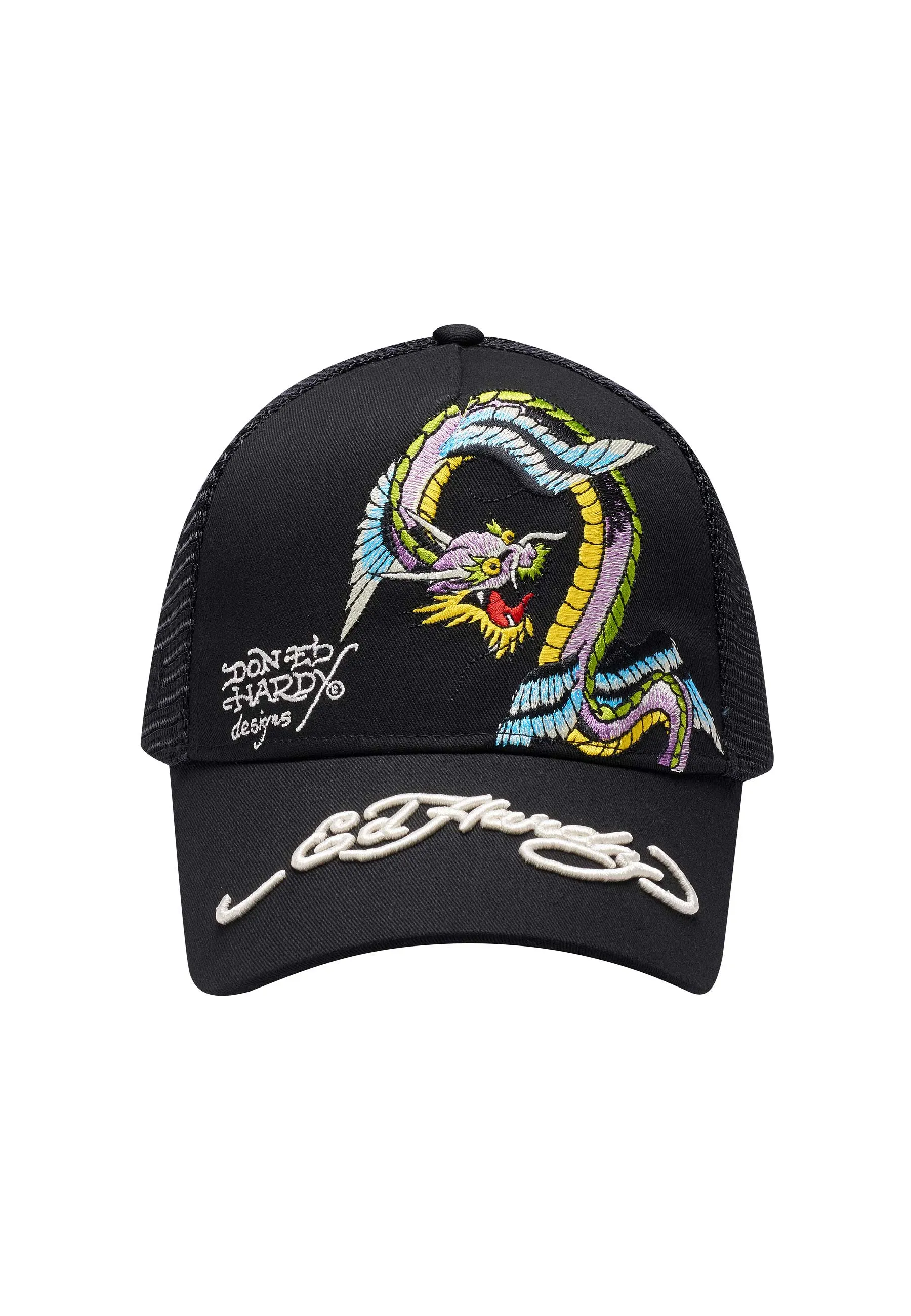 Unisex Flying Snake Twill Front Mesh Trucker - Black/Black