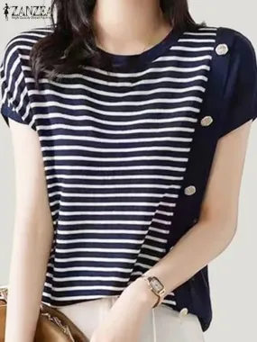 Vintage Women Shirts OL Work Blouses Summer Short Sleeve ZANZEA 2024 Oversized Blusas Buttons O-Neck Stripe Shirt Streetwear