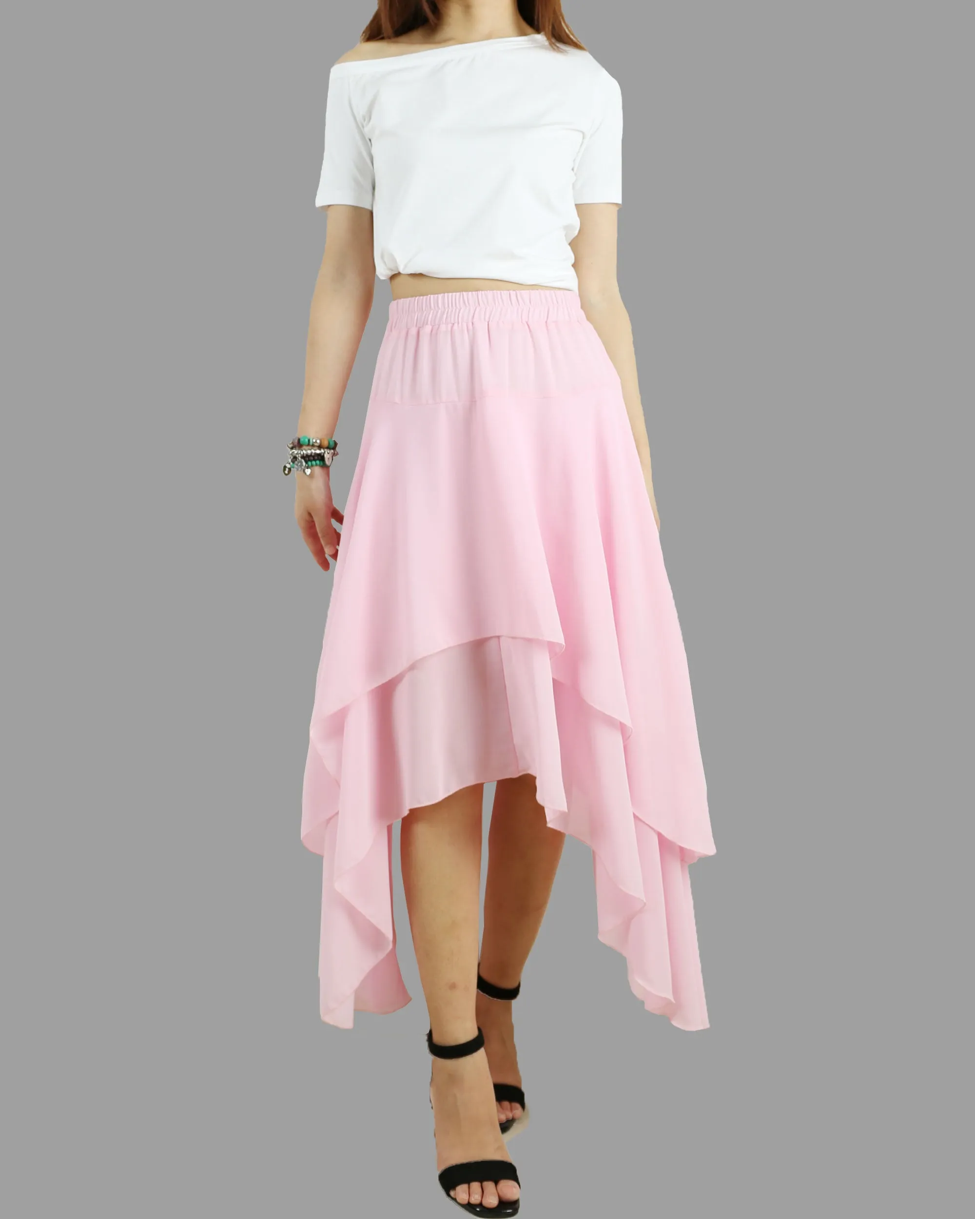 Women's chiffon skirt, asymmetrical skirt, elastic waist skirt, customized summer skirt(Q1004)