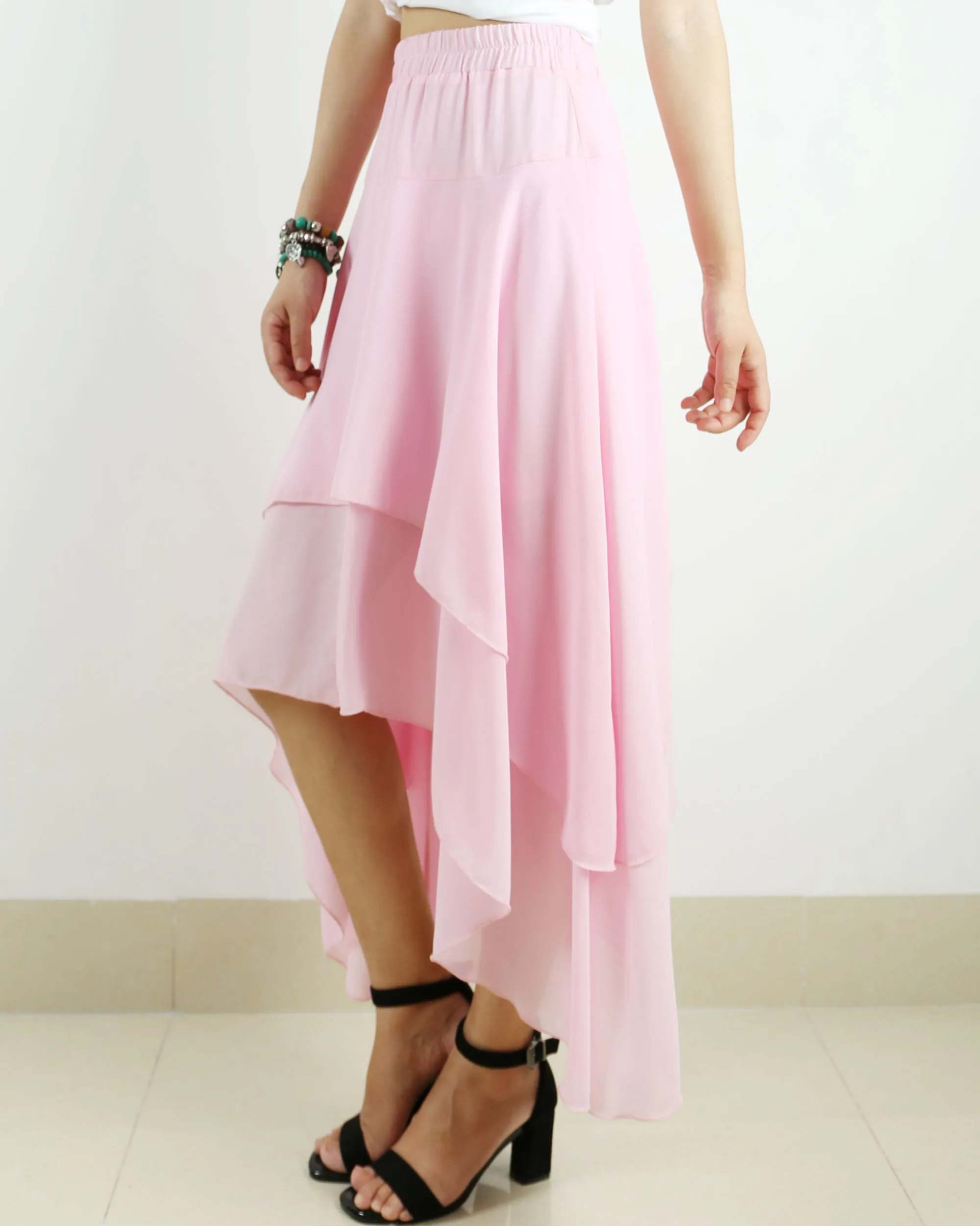 Women's chiffon skirt, asymmetrical skirt, elastic waist skirt, customized summer skirt(Q1004)