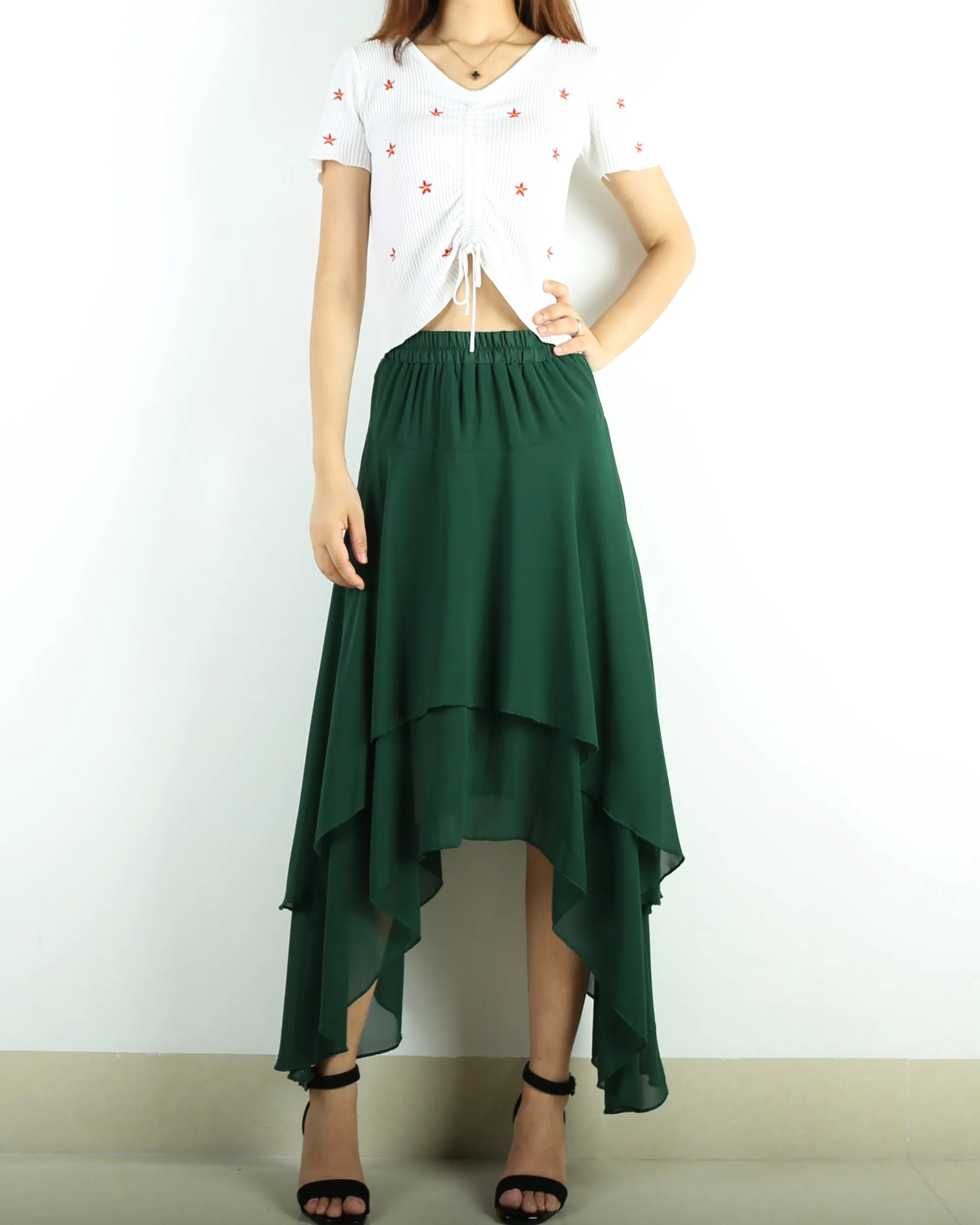 Women's chiffon skirt, asymmetrical skirt, elastic waist skirt, customized summer skirt(Q1004)