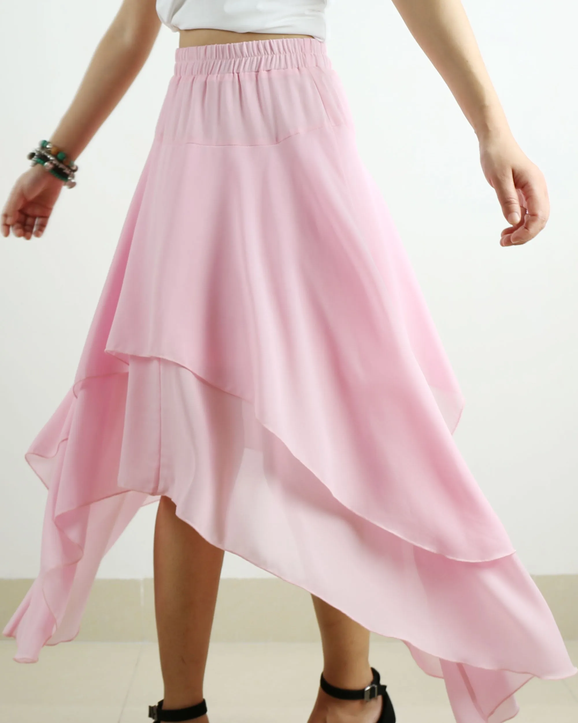 Women's chiffon skirt, asymmetrical skirt, elastic waist skirt, customized summer skirt(Q1004)