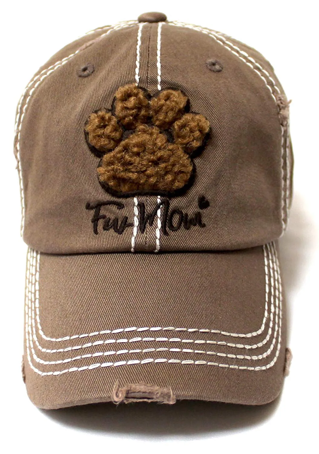 Women's Distressed Graphic Cap Fur Mom Fuzzy Dog Paw Embroidery, Chocolate