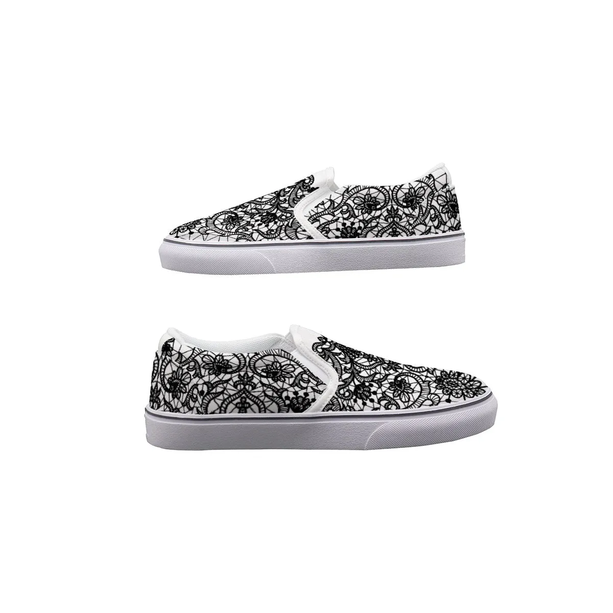 Women's Slip On Sneakers 233 white with black lace edge print