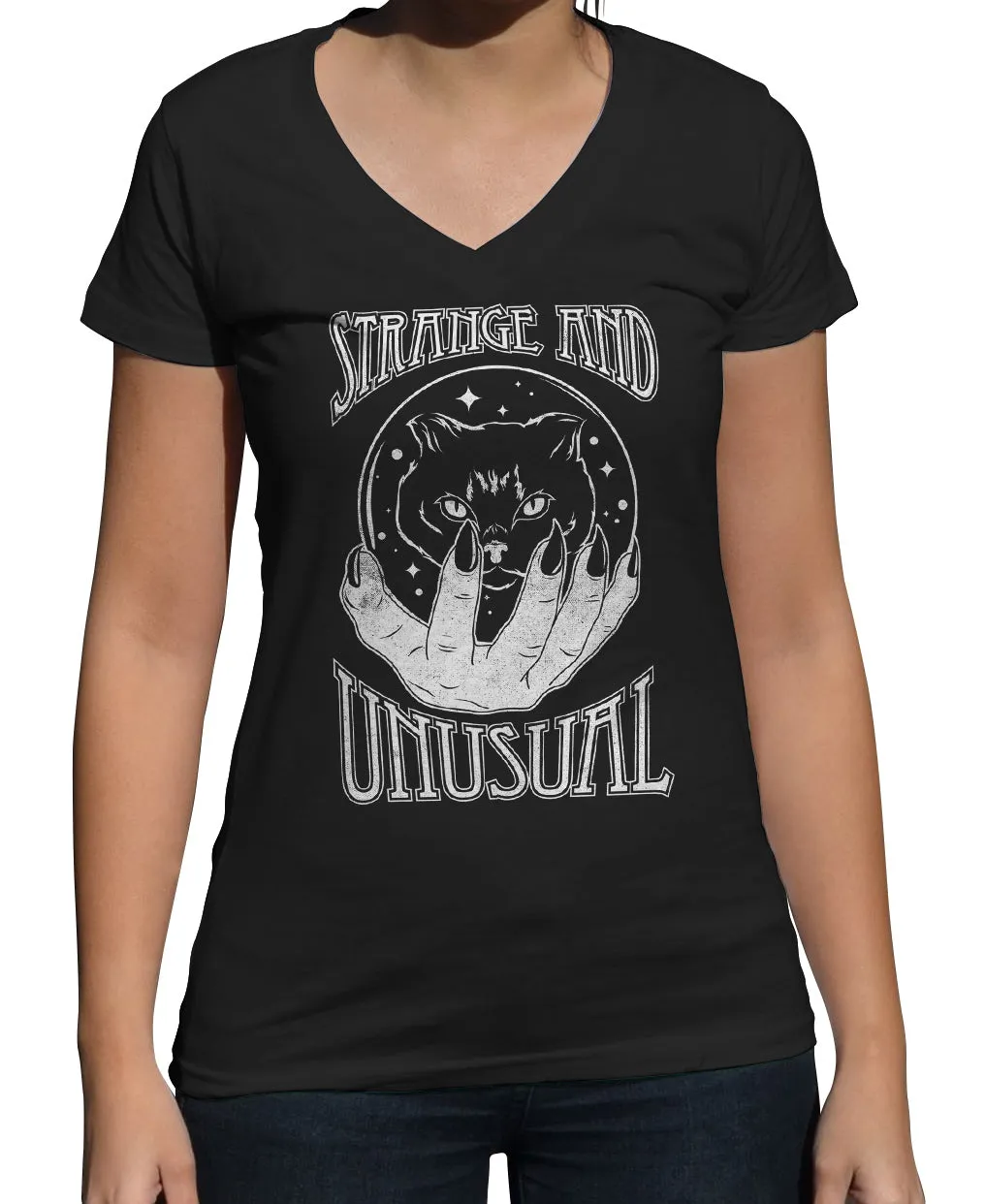 Women's Strange and Unusual Vneck T-Shirt - Occult shirt - Pastel Goth Shirt - Black Cat Shirt