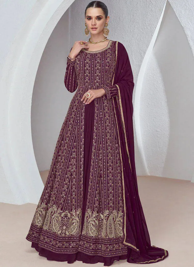 Wonderful Wine Faux Georgette Embroidered Gown With Skirt