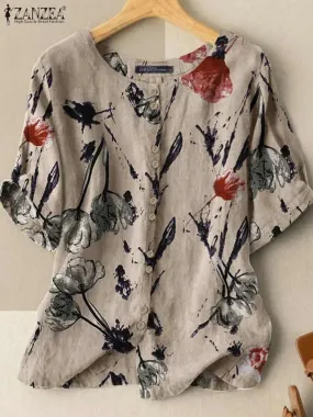 ZANZEA 2023 Kaftan Printed Tops Women Summer Blouses Short Sleeve Shirts Female Casual O Neck Floral Tunic Chemise Oversized